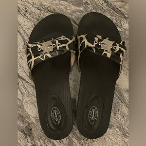 Dr. Scholl's Black and Champagne Metallic Women's Sandals used